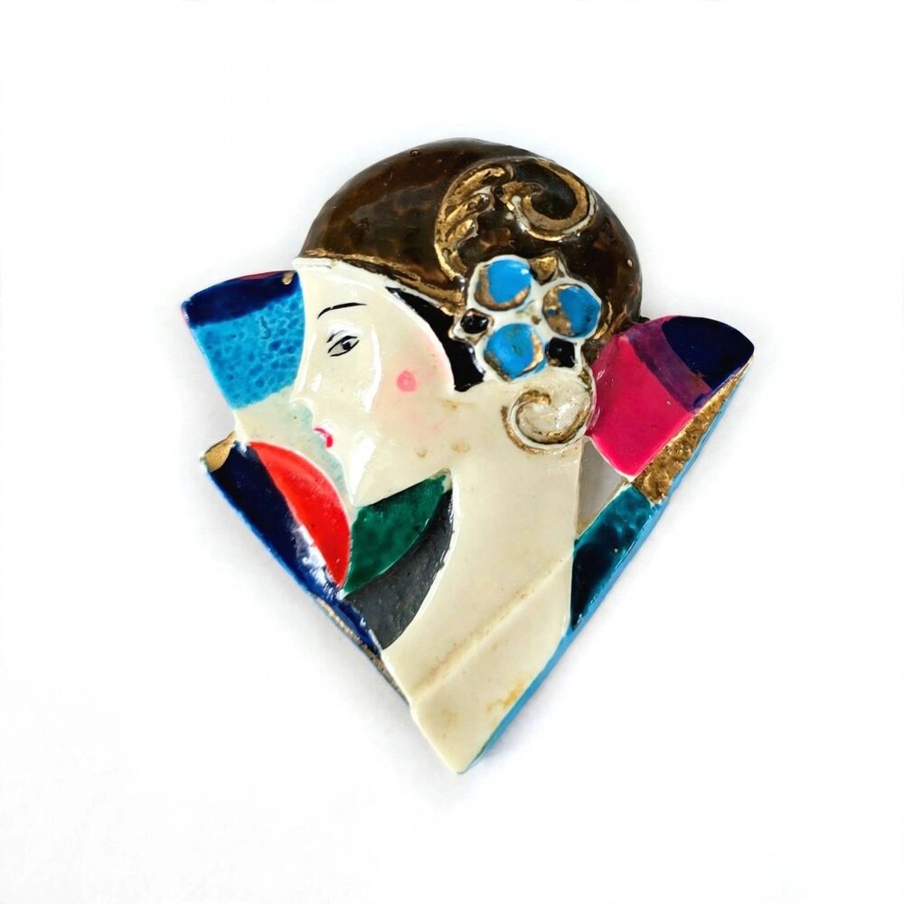 Art Deco Style Lady Brooch Colorful Enamel Flapper Woman Figural Pin #1436